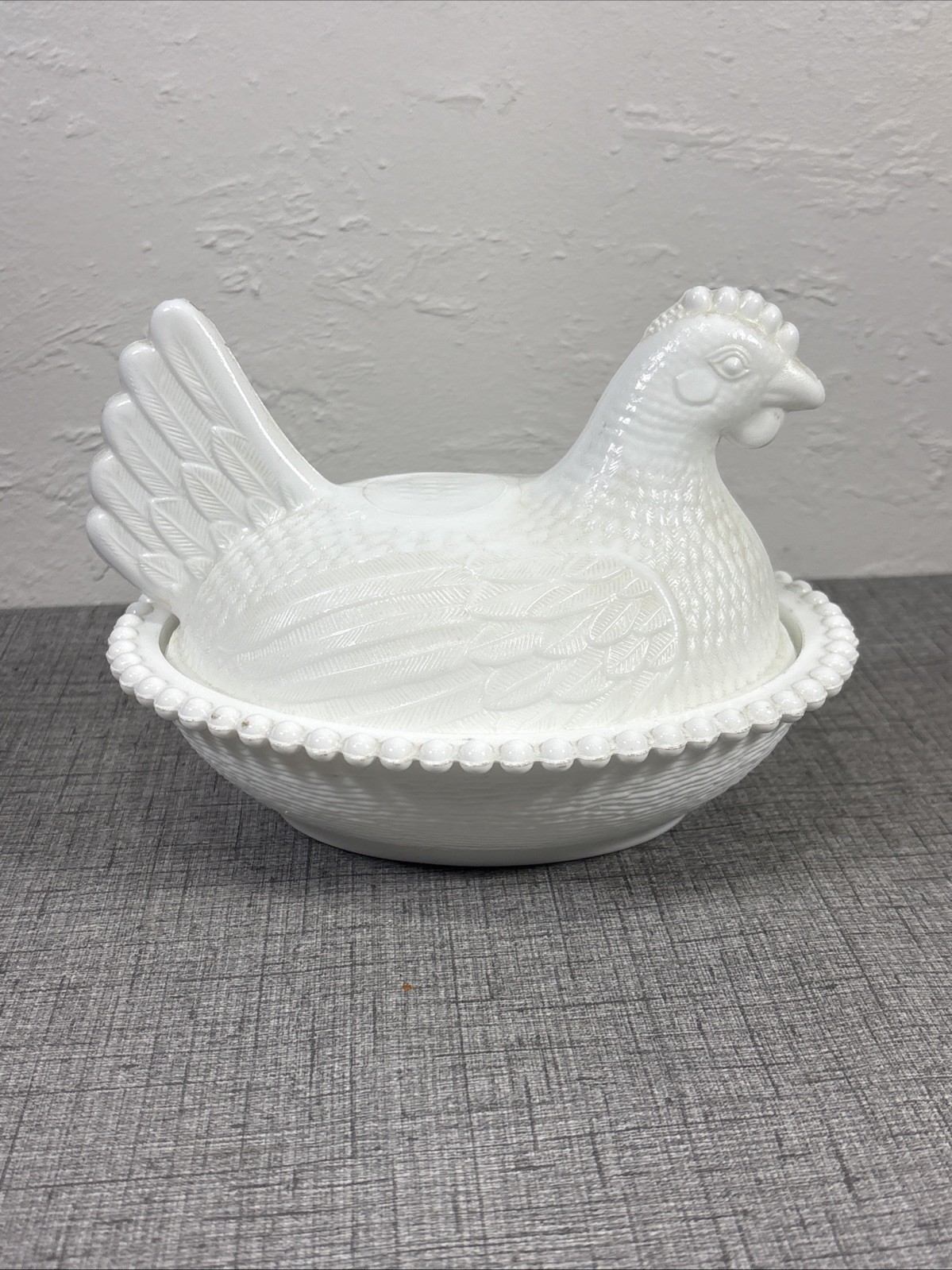 Vintage Indiana Glass Hen on Nest White Milk Covered Chicken Candy Dish 7”