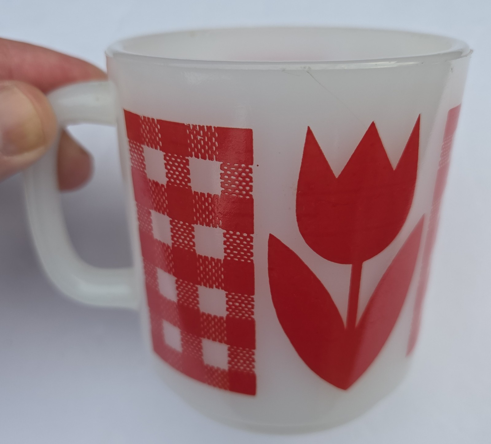 Vtg Termocrisa?Jeannette Glasbake? Coffee Mug Red Tulip Gingham 1960’s-70’s