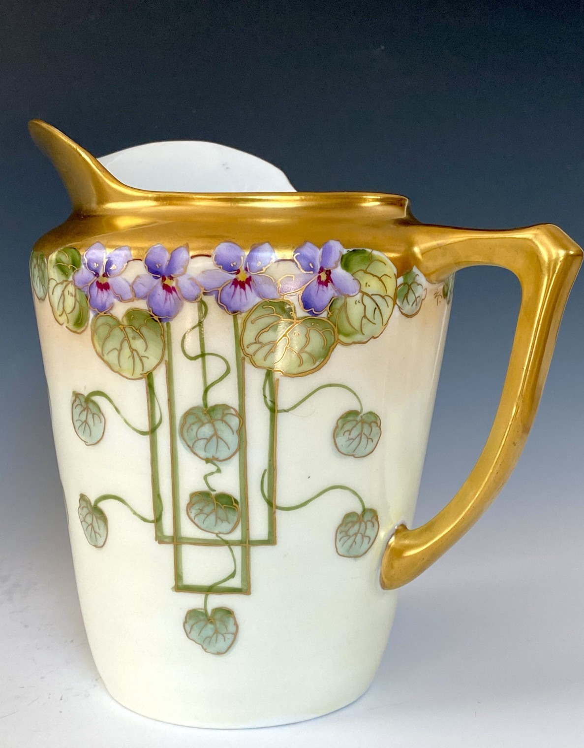 PICKARD ANTIQUES HAND PAINTED “VIOLETS IN PANEL” PITCHER ARTIST SIGNED