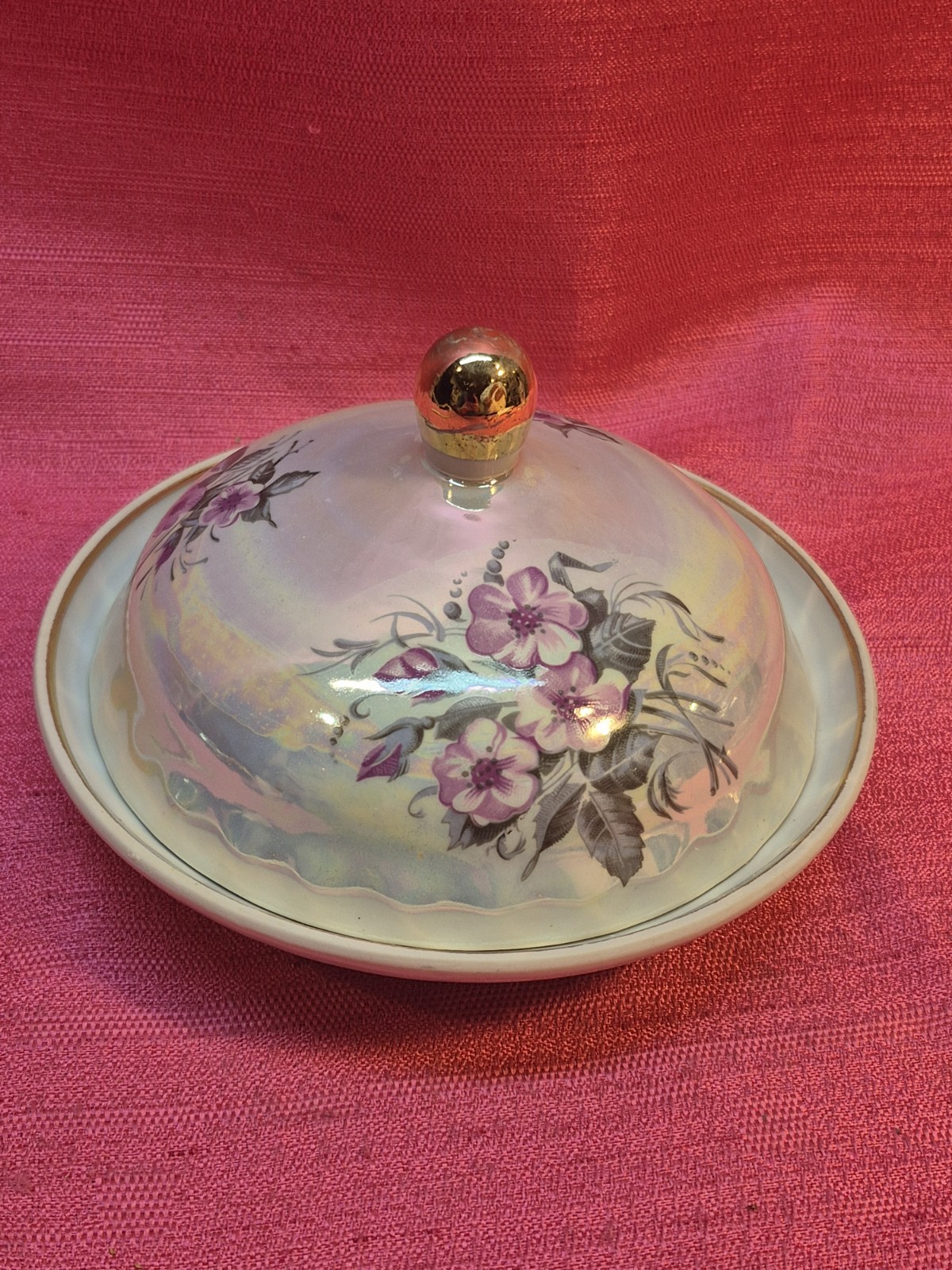 Vintage USSR Lusterware Covered Butter Dish Floral Porcelain Candy Dish Soviet