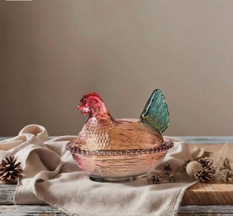 Vintage-Style Glass Hen on Nest Dish with Lid, Colorful Pedestal Candy Bowl
