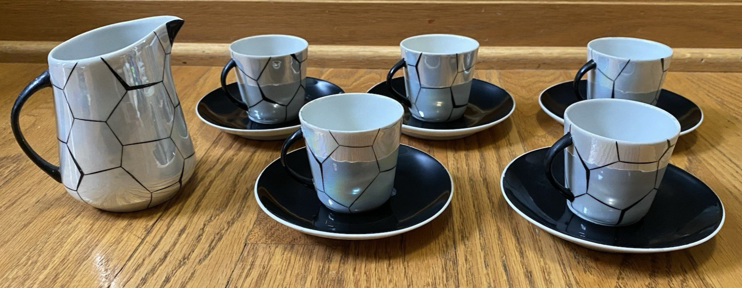 Chodziez Lustre Hexagonal Signed Demitasse Tea Cup Saucer Creamer Poland Vintage