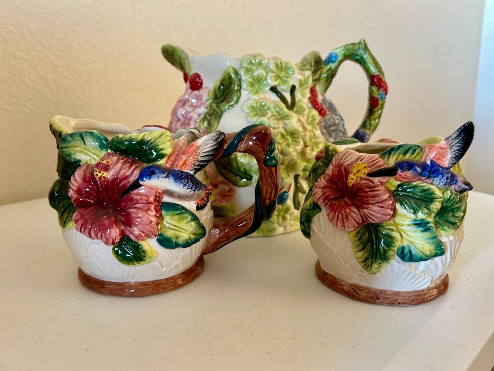 Decorative Creamer and Sugar Set with Hummingbird, Bees and Floral Design