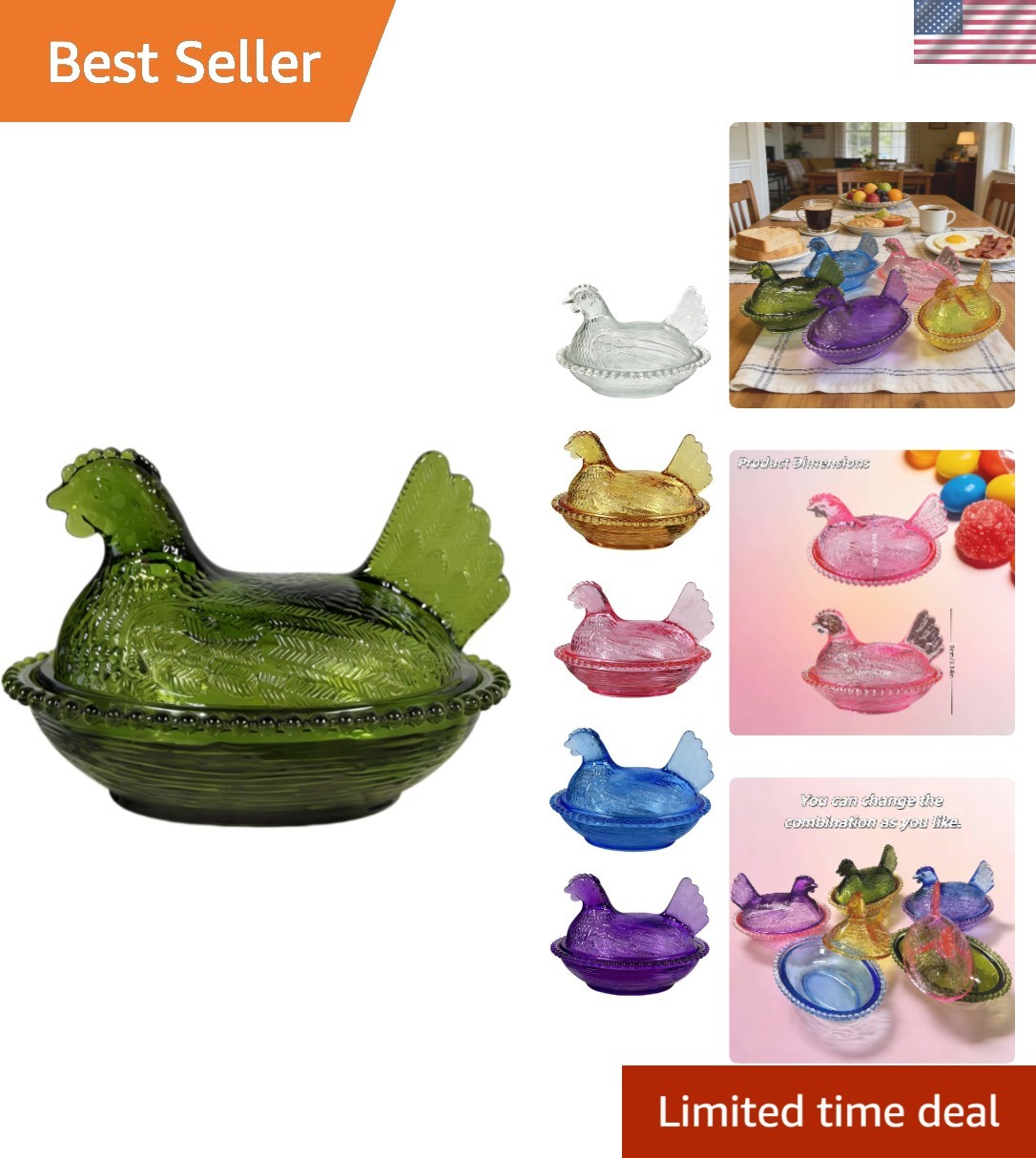 Green Hen on Nest Candy Dish with Lid | Large Pedestal Unique Candy Bowl for Sna