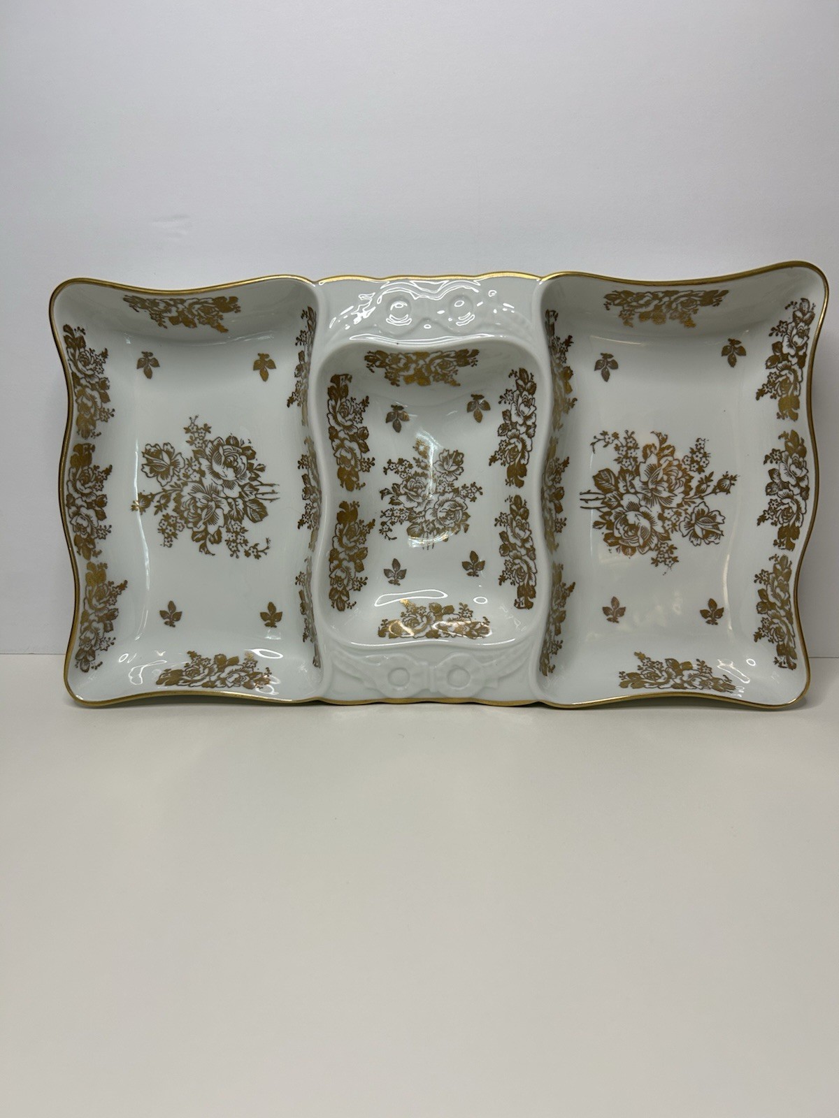 Vntg LIMOGES France Gold FLORAL Pattern 3 Parts Divided Rectangular Serving Dish