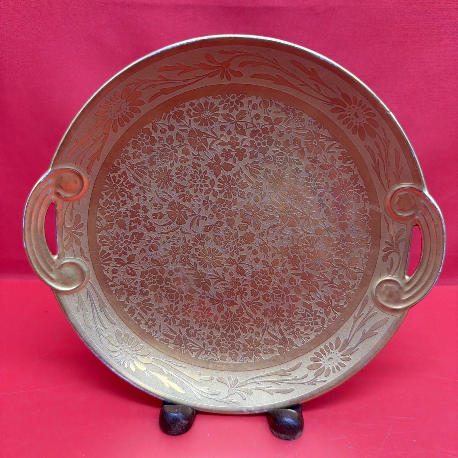 Vintage Gold Gilt Porcelain Handled Serving Plate Floral Etched 7.35” Round Tray