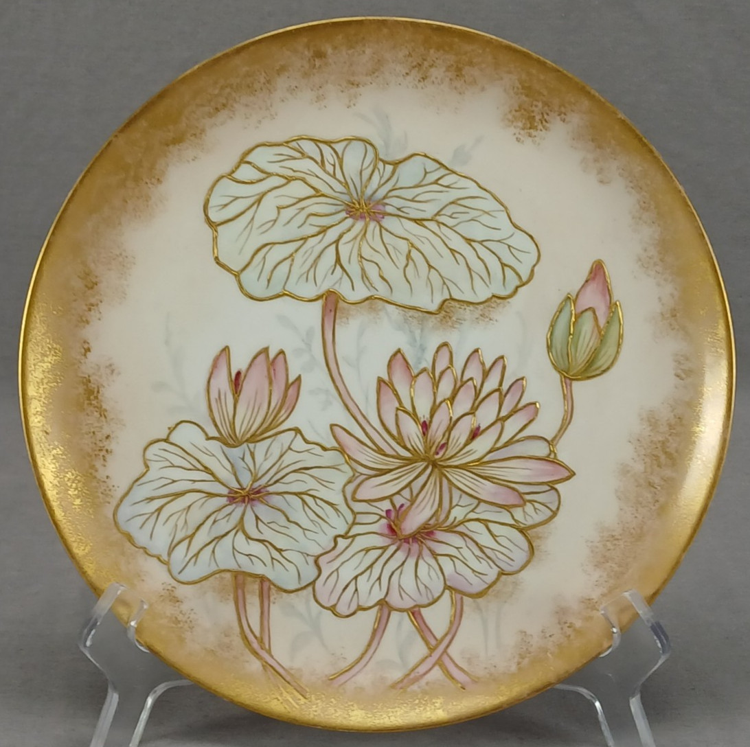 Brownfield Hand Painted Waterlilies Raised Gold & Ivory 8 3/4 Inch Plate C. 1888