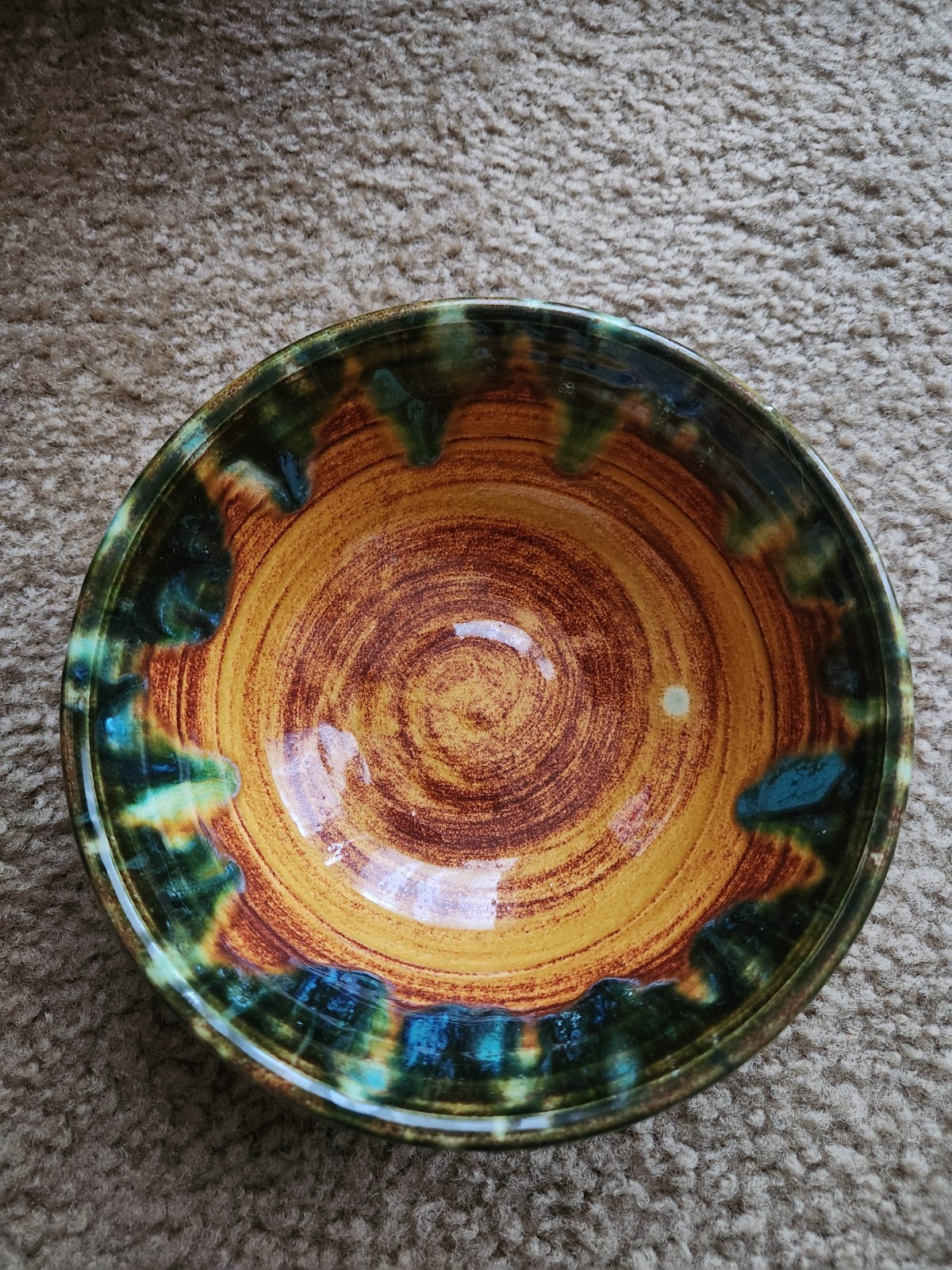 Large pottery salad bowl with 4 serving bowls, unique glaze, mid century