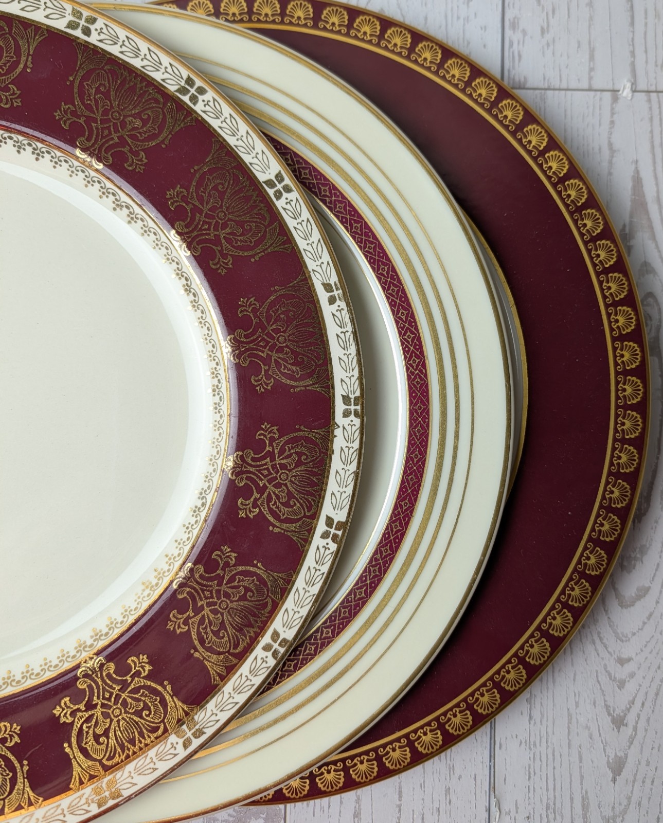 Mismatched Vintage China Plates Party Bridal Wedding Showers Burgundy Gold Trim