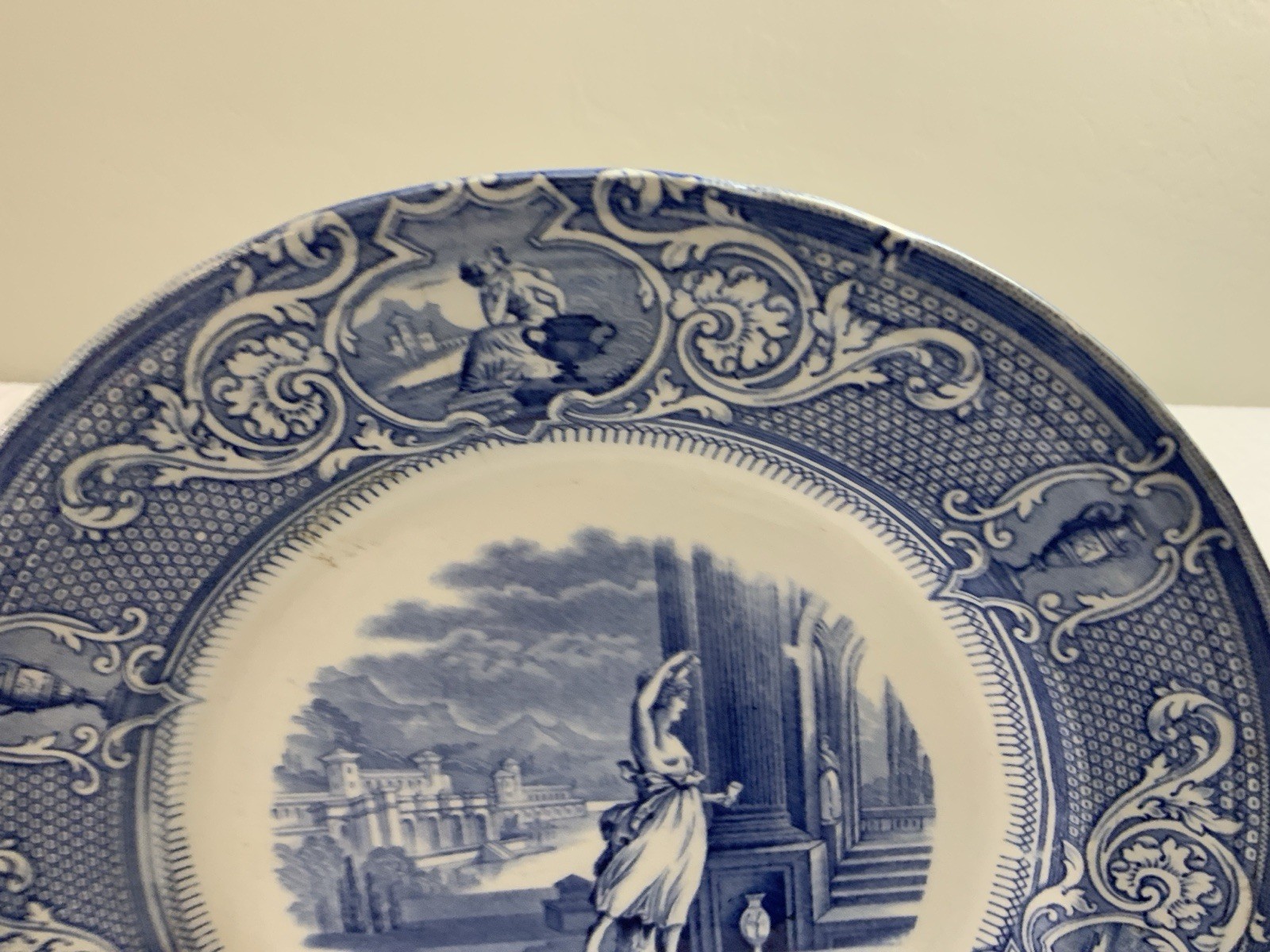 Antique Blue Transferware Dinner Plate, UK,, Grecian Lady & Castle, Davenport
