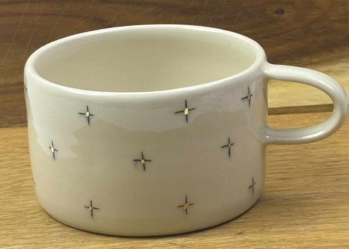 Petrichor + Gold Star Crossed Porcelain Mug 22K Gold Studio Pottery