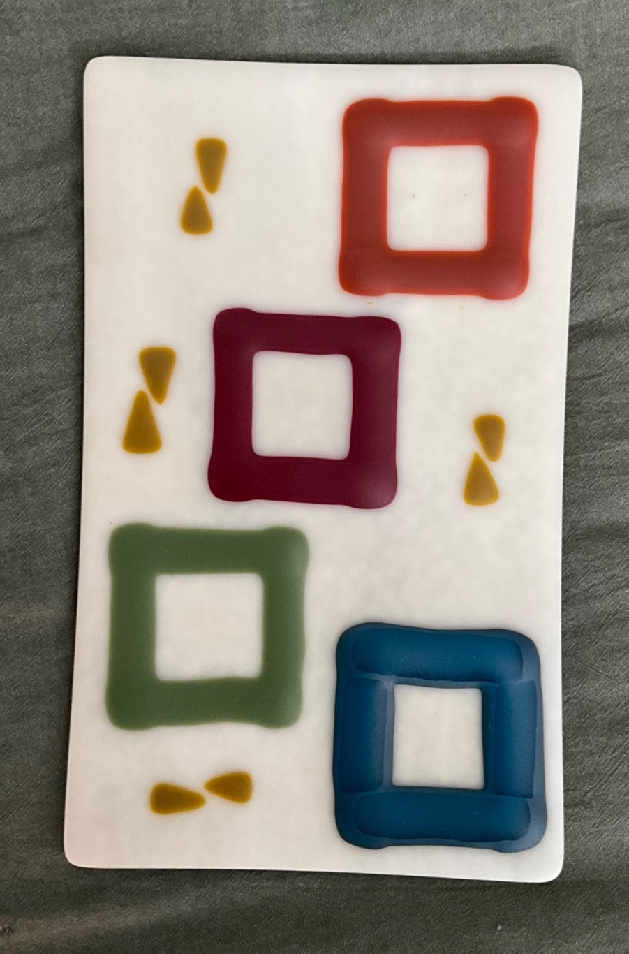 HANDMADE ABSTRACT FUSED ART GLASS PLATE RECTANGLE 9 X 5 1/2 INCHES