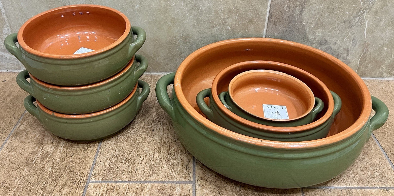 Set of 6 Workshop/Village Handmade Italian Earthenware Green Terra Cotta Dishes