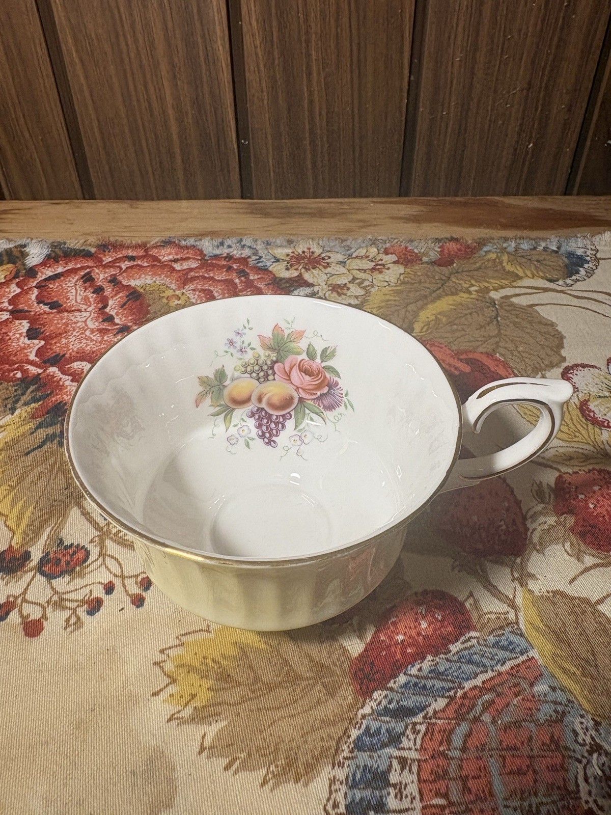 Paragon Tea Cup and Saucer 40s Pale Yellow With Pink Rose And Fruits Vintage