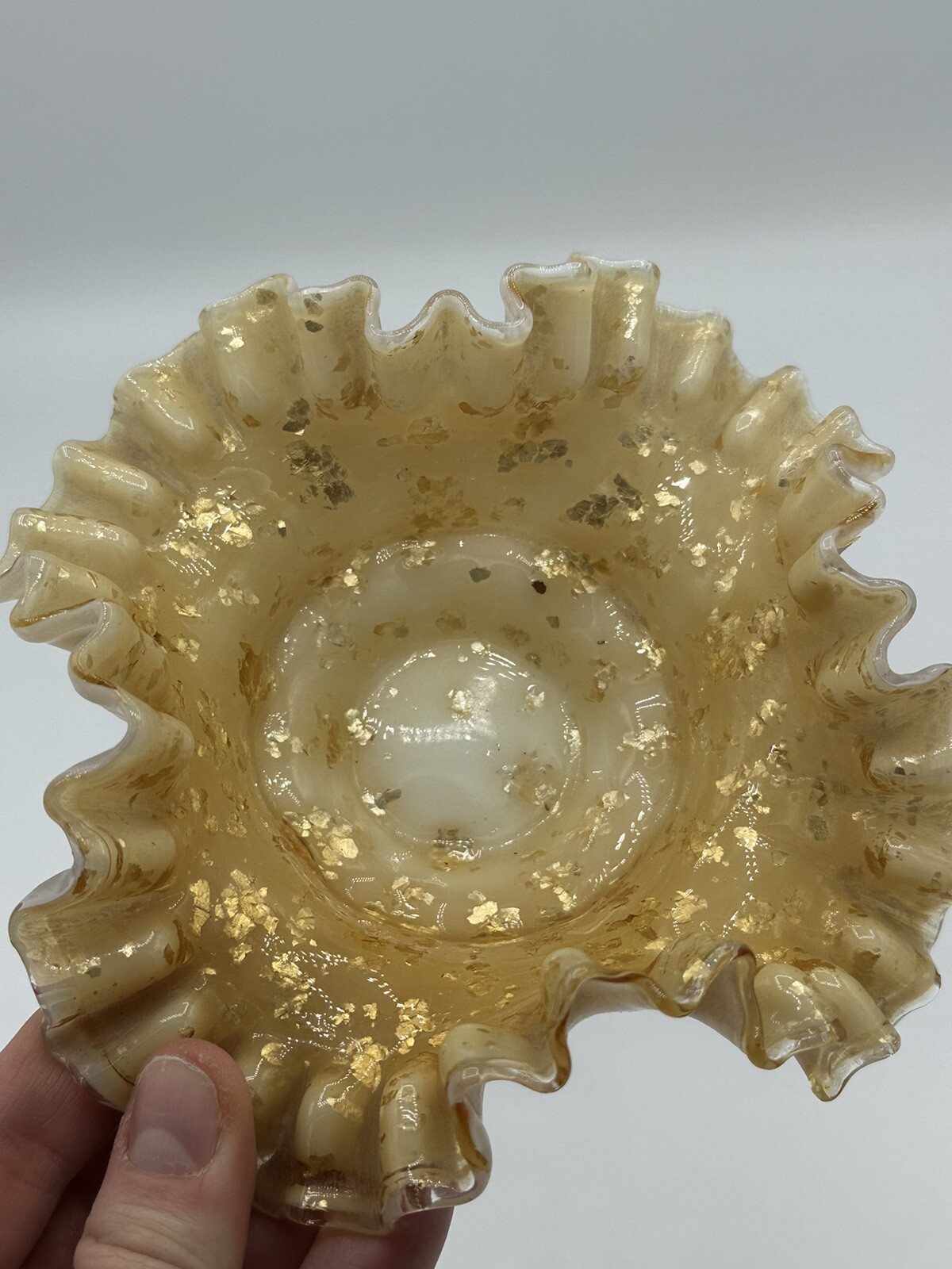 Vintage Ruffled Milk Glass Cased Dish Gold Fleck Opaline Mid Century Vanity Bowl