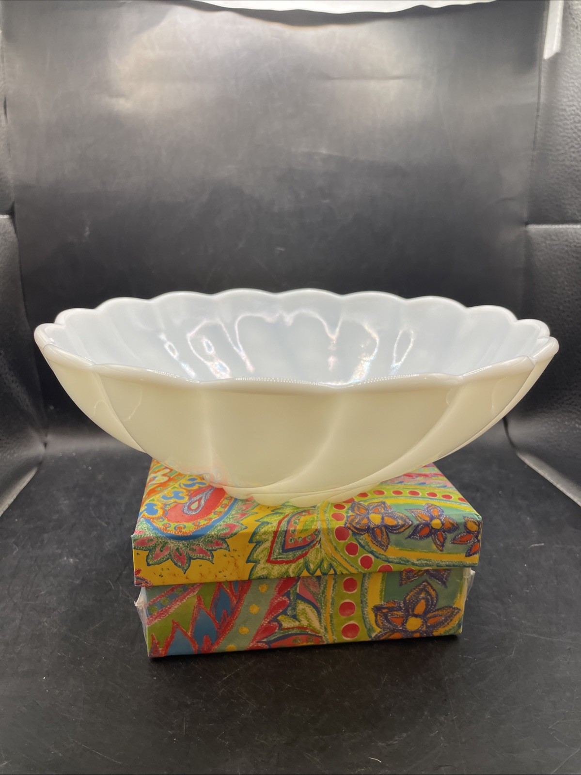 Vintage Milk Glass Fluted Swirl Decorative Serving Bowl 9×3