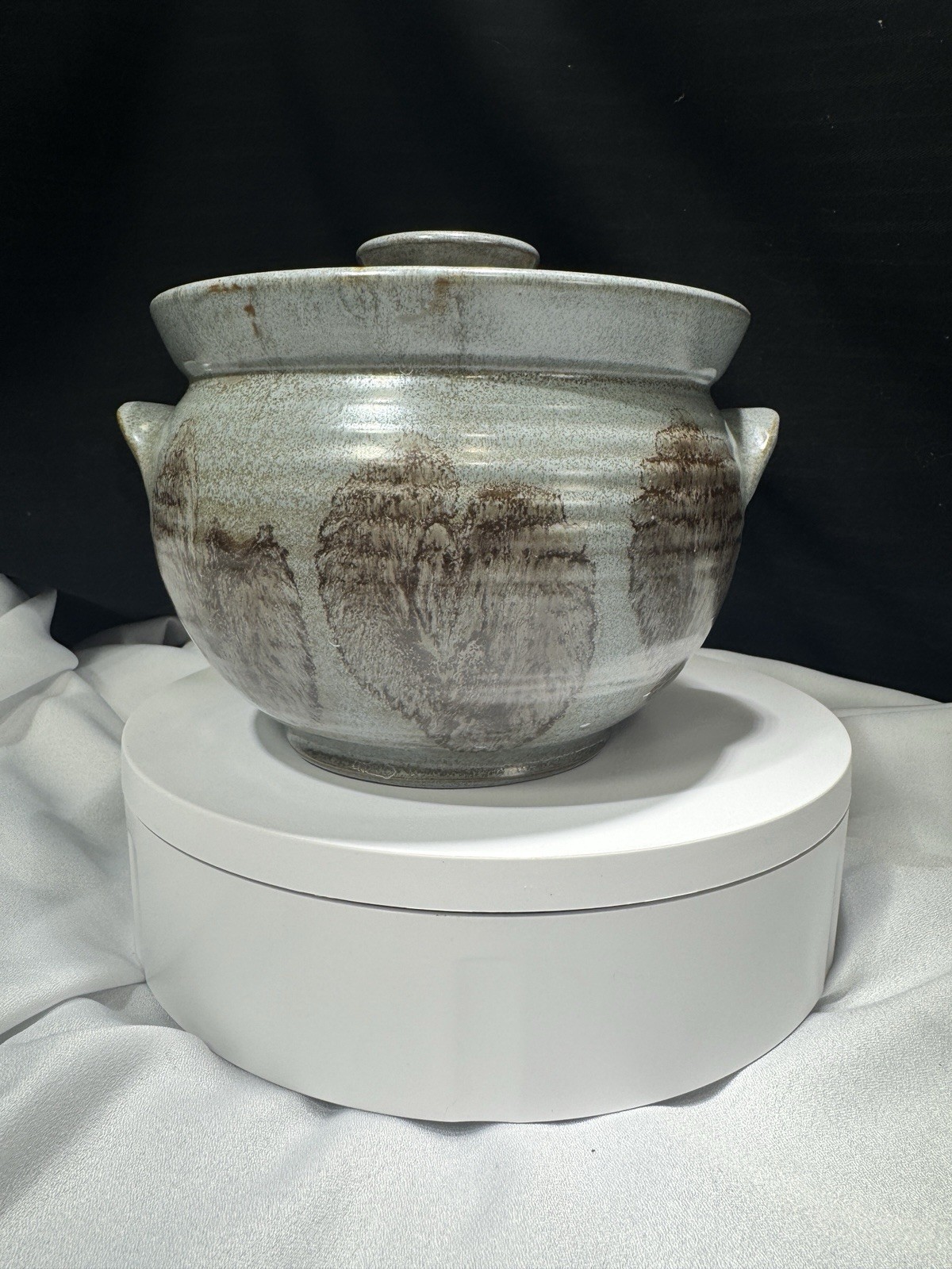 Folk Art Stoneware Stew Pot With Lid, Blue Glaze Pottery Gray Bowl Terracotta