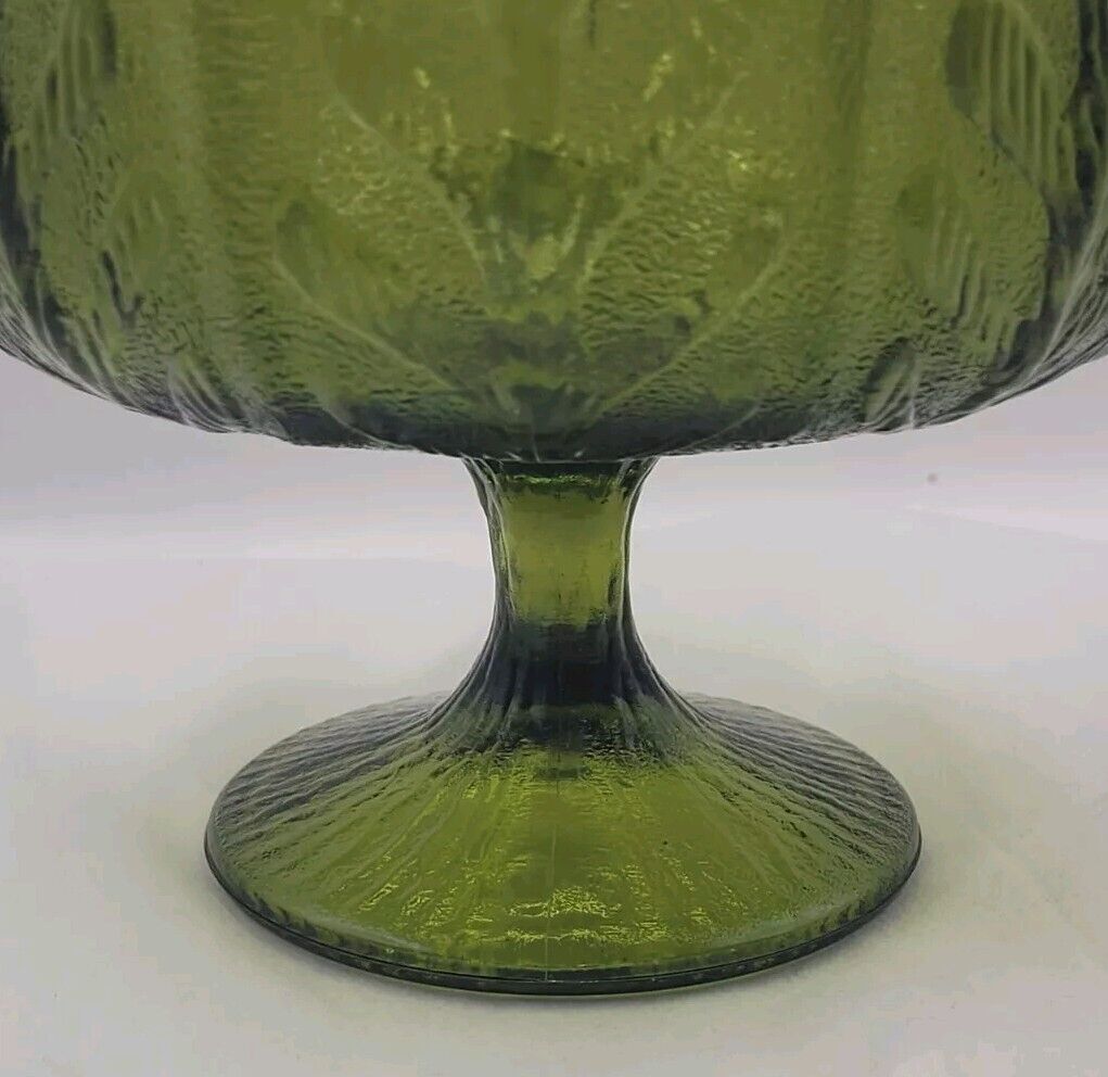 Vintage FTD Avacado Green Glass Footed Dish Oak Leaf Pattern