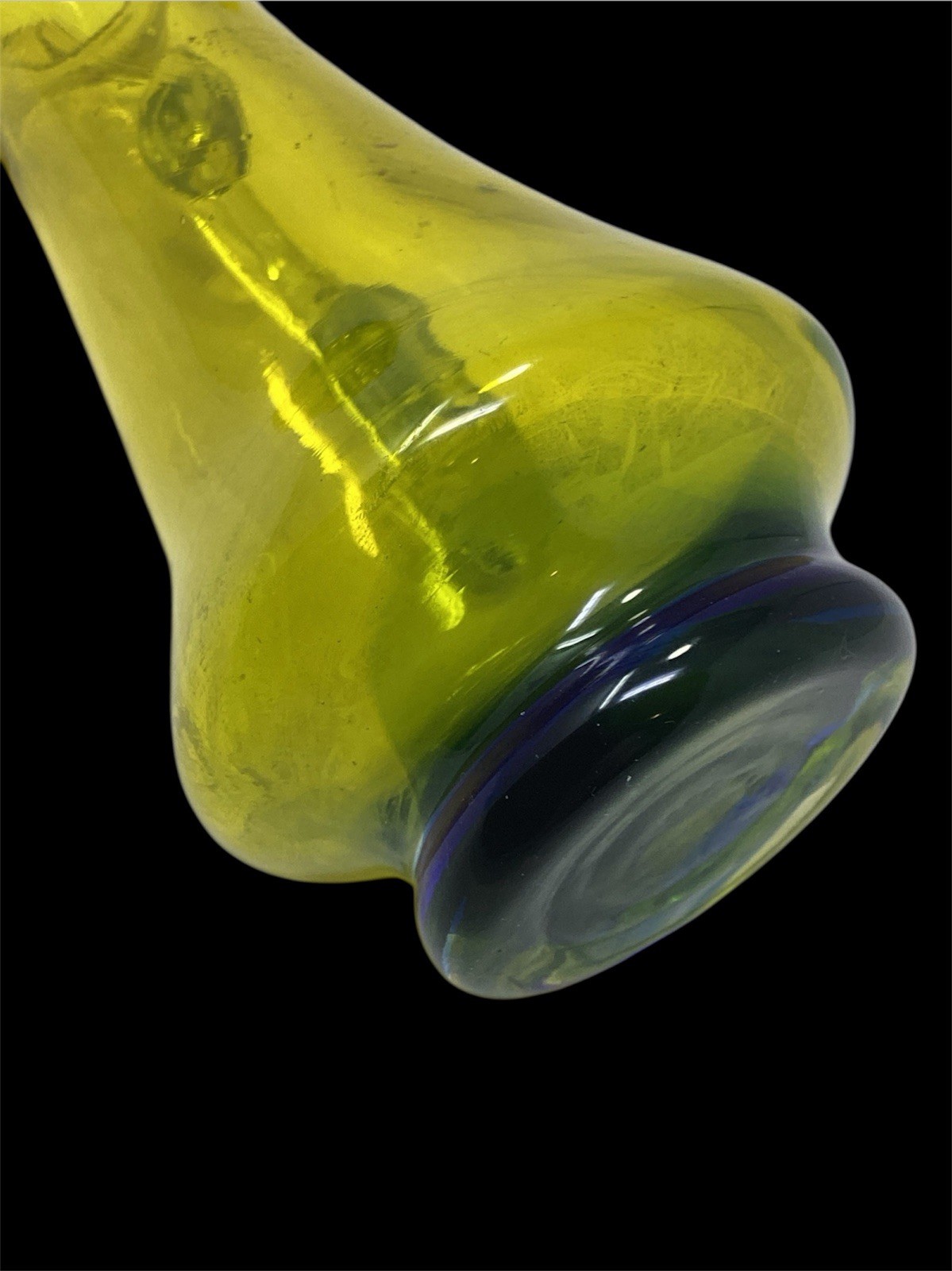 Vtg MCM Yellow Glass Small Pitcher Clear Handle Cobalt Blue Base 6”
