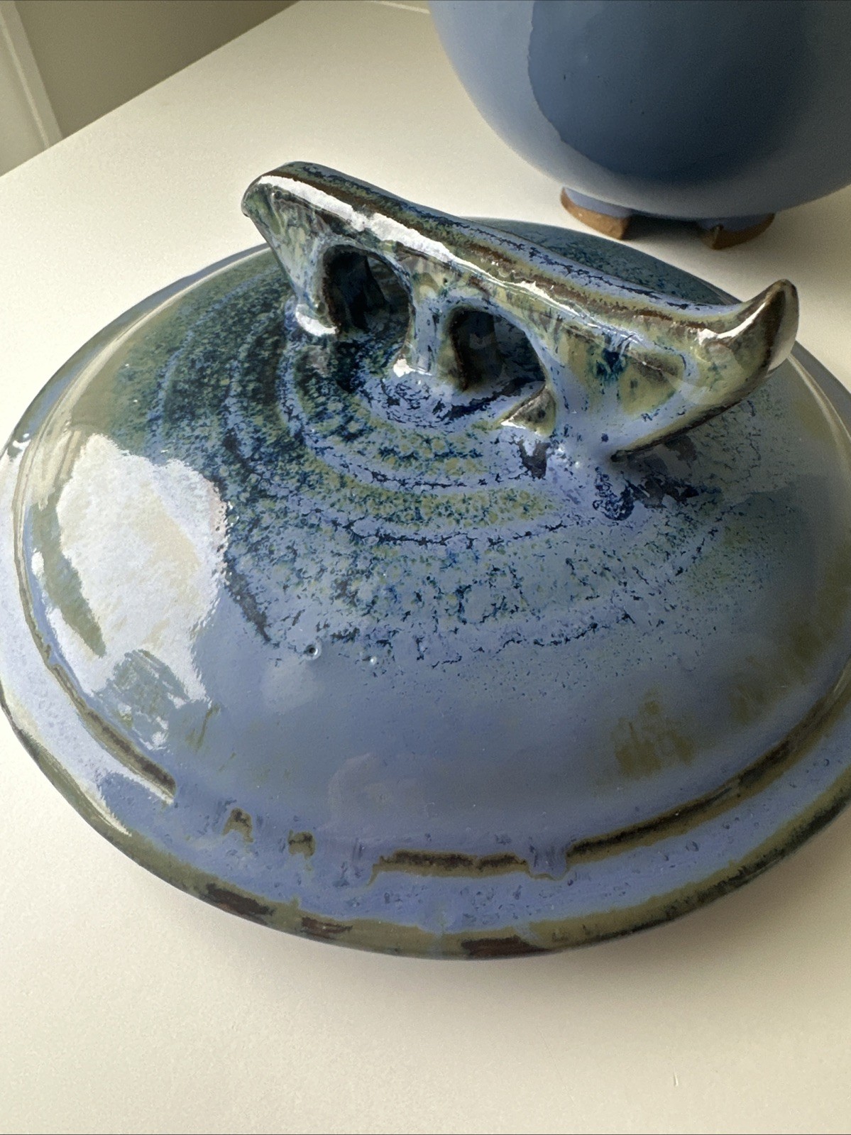 Vintage Studio Pottery Covered Bowl Blue Glaze Handmade Ceramic Dish