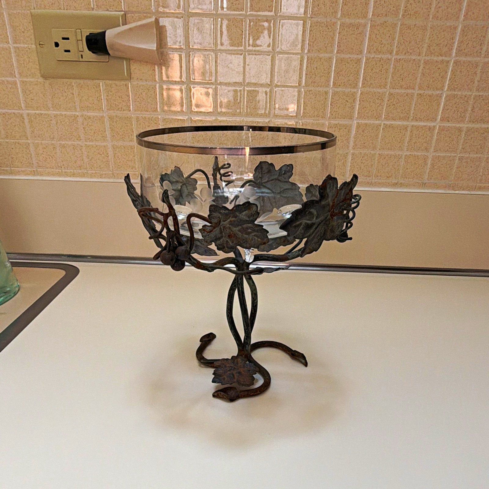 Clear Glass Floral Etched Compote Pedestal Bowl w/ Black Metal Leaf Vine Stand