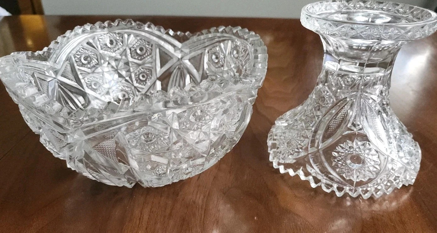 Antique Brilliant Cut Crystal Glass Eggnog Centerpiece Bowl 2 Piece Vintage