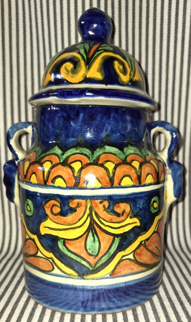 VTG w/ORIG 1997 TAG TALAVERA TIBOR LA CORONA 5″ ART POTTERY HEXAGONAL JAR w/LID
