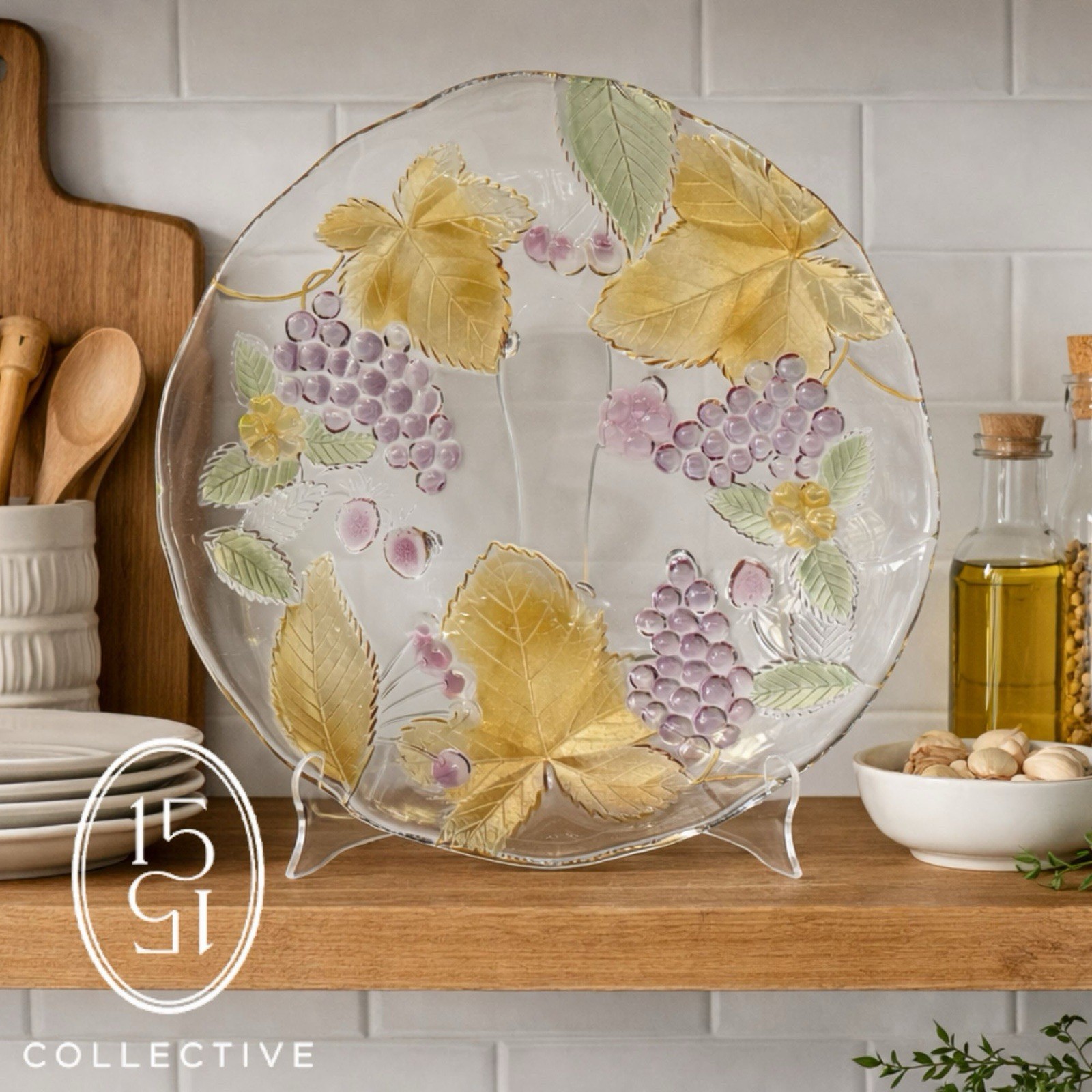 Chablis by Mikasa Decorative Glass Platter Plate Amber Leaves Purple Grapevine