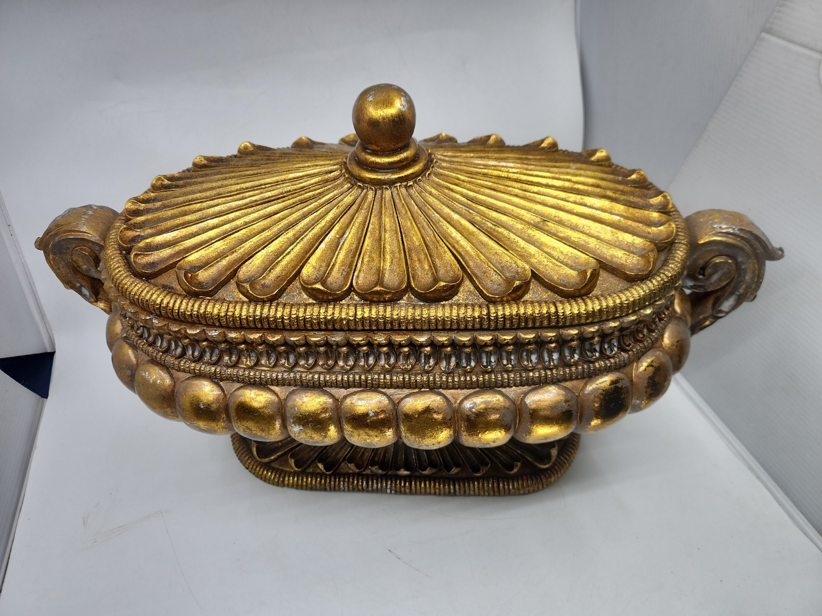 Large Hollywood Regency Gold Covered Tureen Urn Centerpiece Pedestal Bowl 21″
