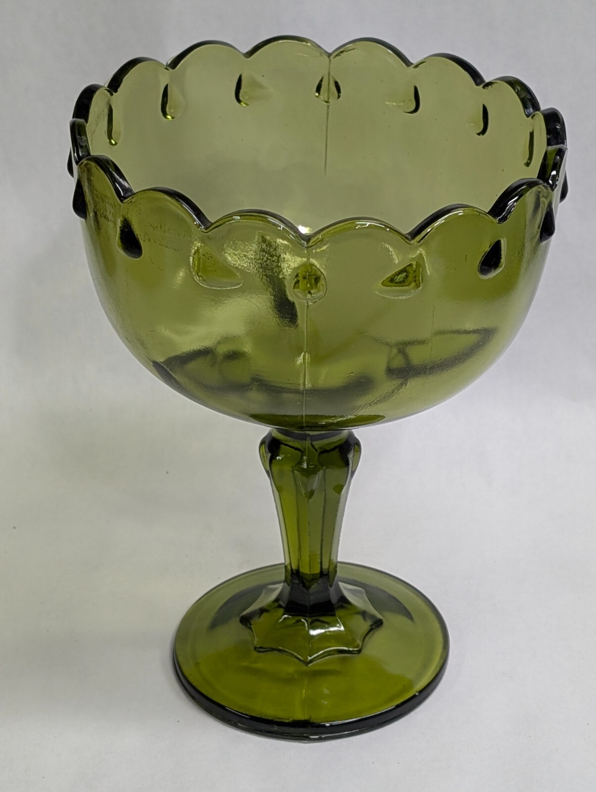 Vintage Indiana Glass Scalloped Olive Green Tear Drop Pedestal Compote Dish 7.5″