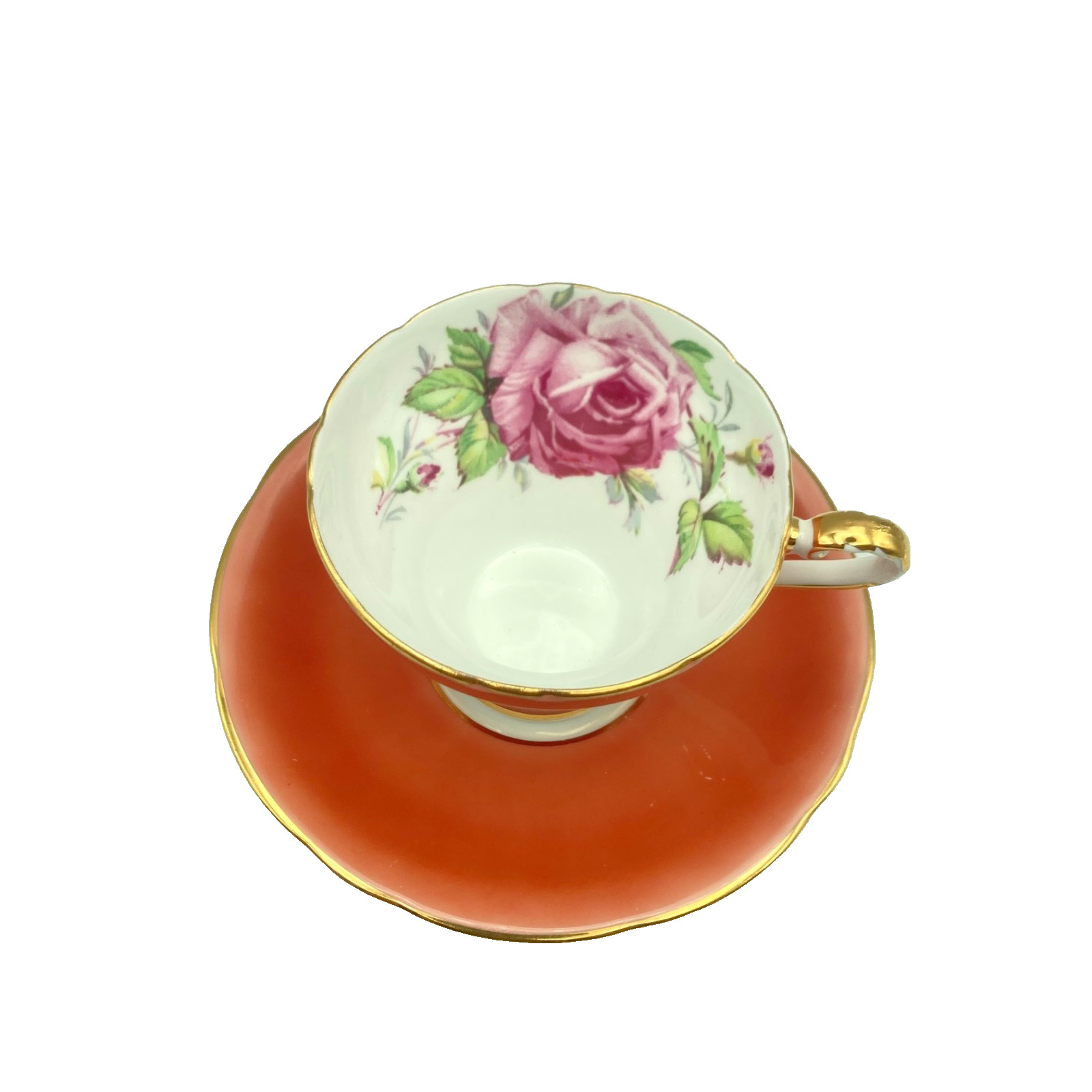 Cabbage Rose Tea Cup & Saucer Aynsley Coral Bone China England Gold Trim