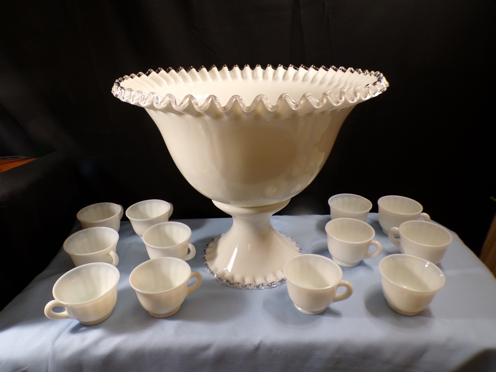 Very Large Fenton Milk Glass Silver Crest Punch Bowl Set w/ Stand & 12 Cups