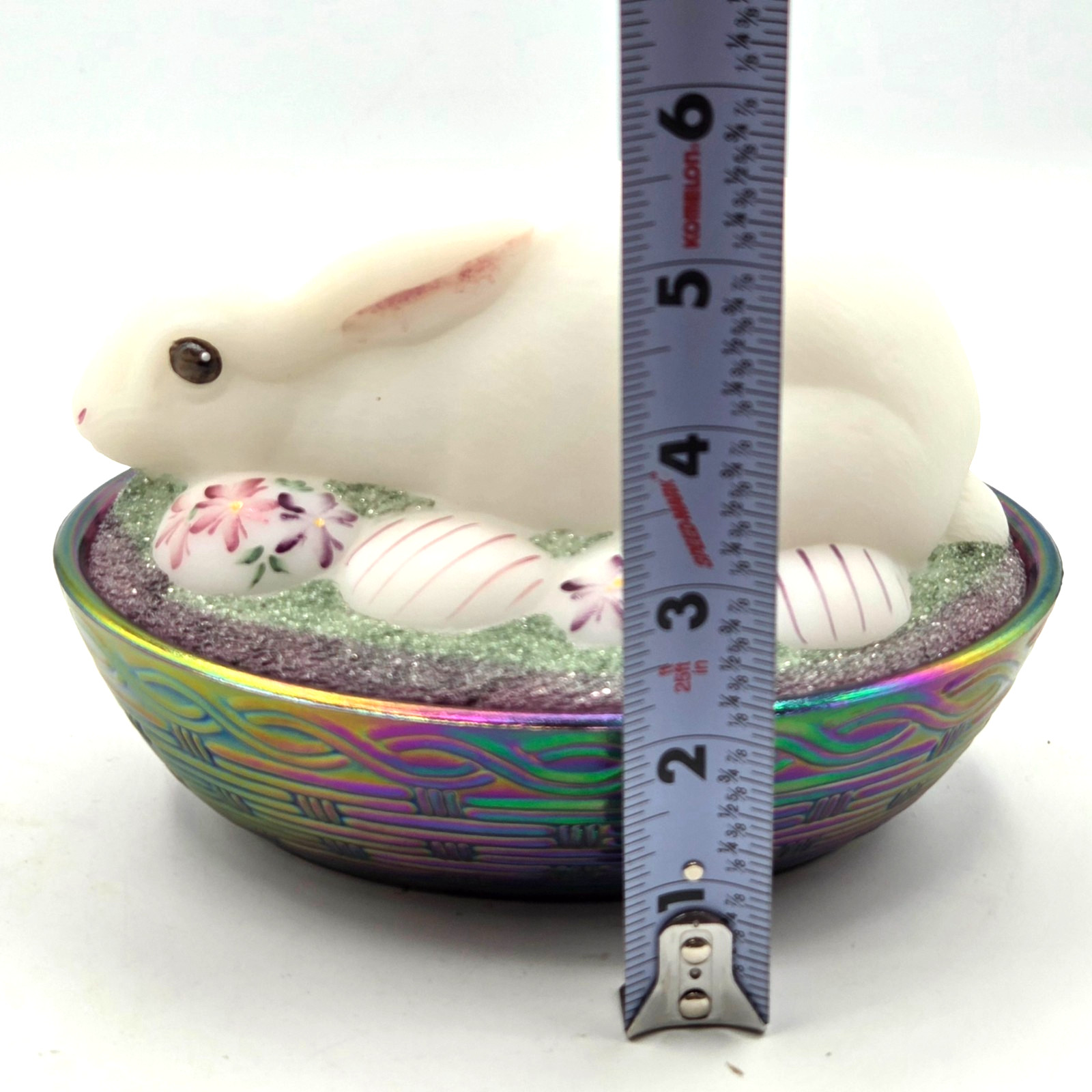 FENTON COVERED EASTER BUNNY DISH Irridescent Nest HAND PAINTED SIGNED by ARTIST