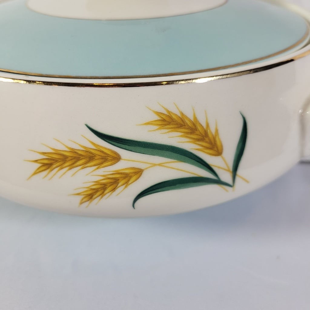 Vintage Taylor Smith & Taylor Autumn Wheat Covered Casserole Dish with Turquoise