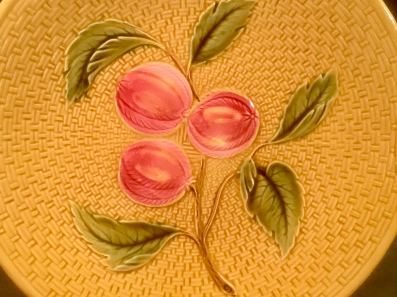 Antique Majolica Fruit and Leaves on Basketweave Platter c.1907