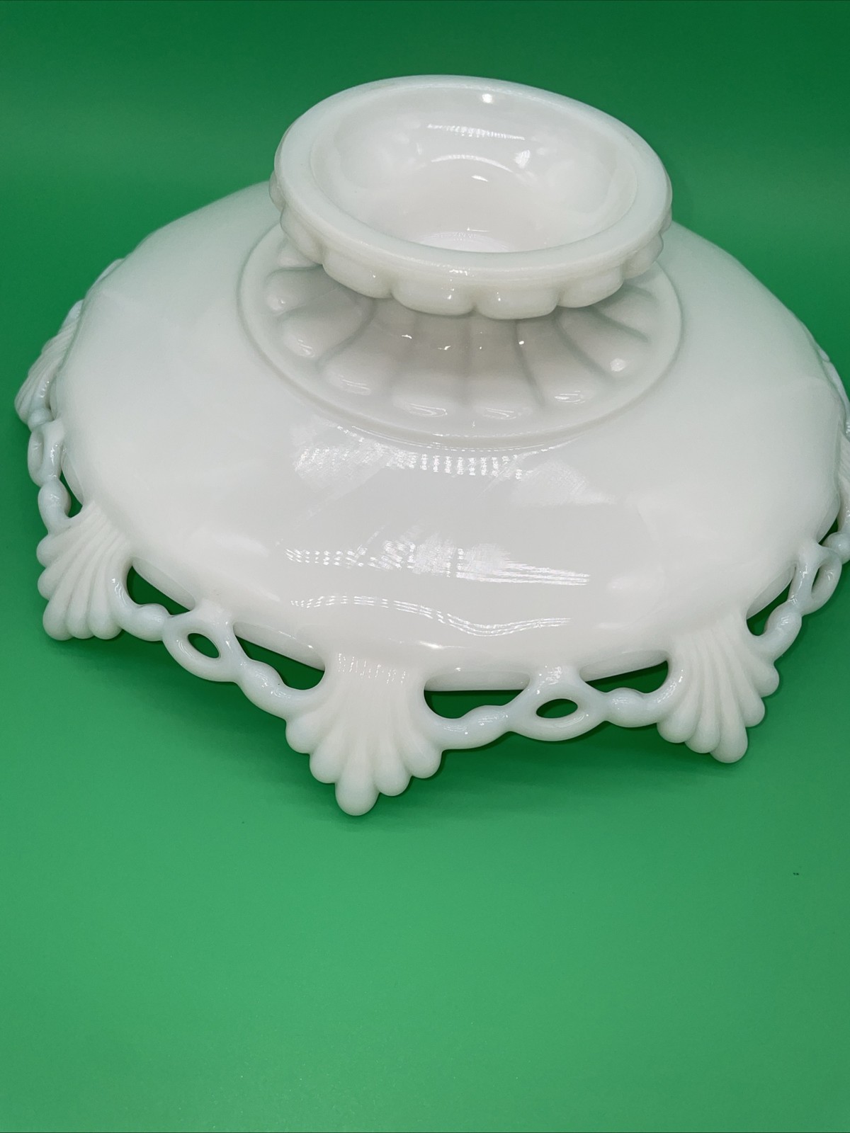 Milk Glass Pedestal Bowl 10” Lace Edge Pedestal Trim Vintage 3” Tall Fruit Dish