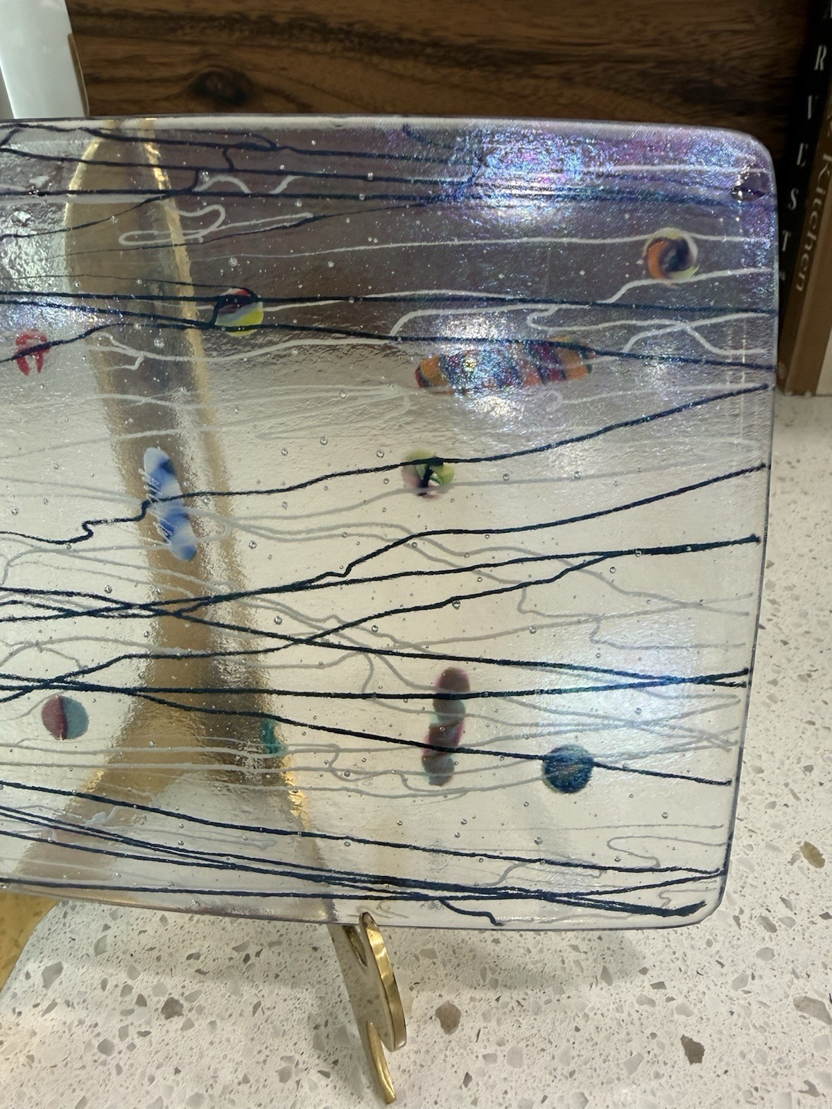 VTG Signed Kurt McVay Mod Iridescent Abstract Geometric Pattern Fused Art Glass