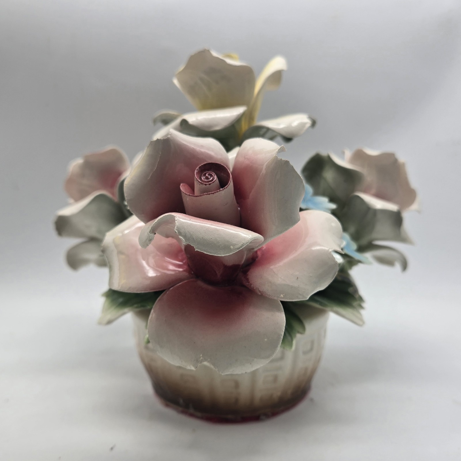 Capodimonte Italy Pink Yellow Roses Blue Ceramic Flowers Nuova Centerpiece Vtg