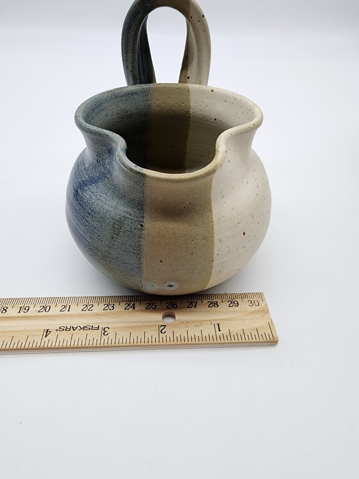 Art Pottery Small Pitcher creamer Signed Blue Tan white unique Shape