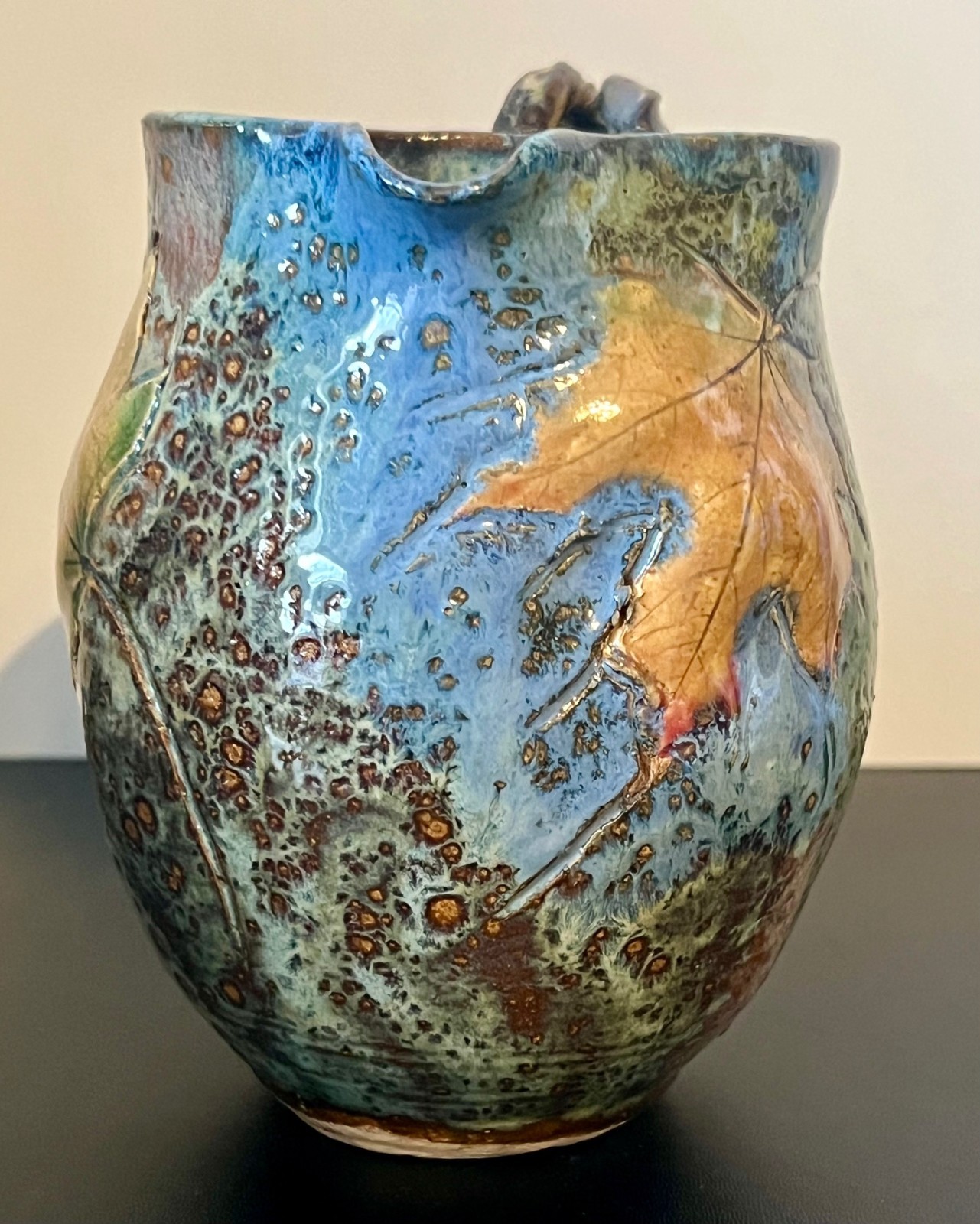 Colorful North Carolina Art Pottery ~ Glazed Leaf Pitcher ~ 5.5″ Tall Signed