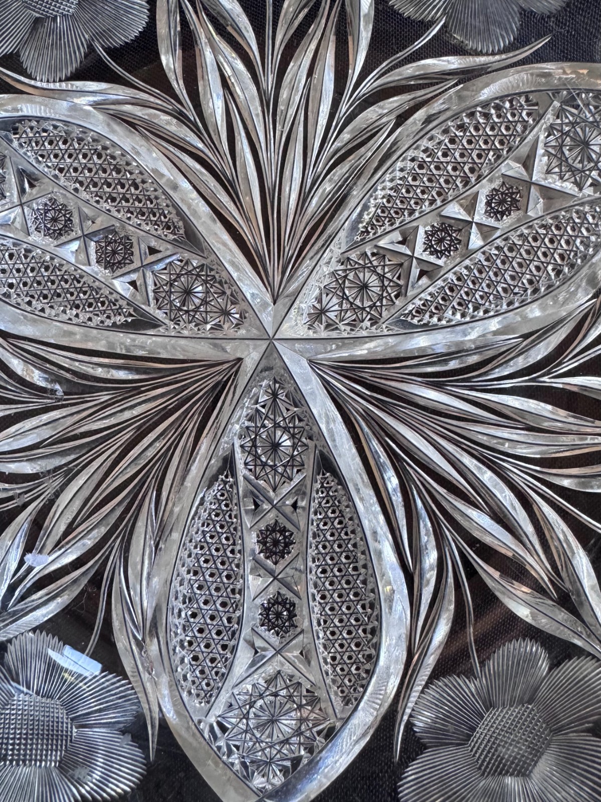 American Brilliant Period ABP Cut Glass Bowl Floral Intaglio Sawtooth 10″