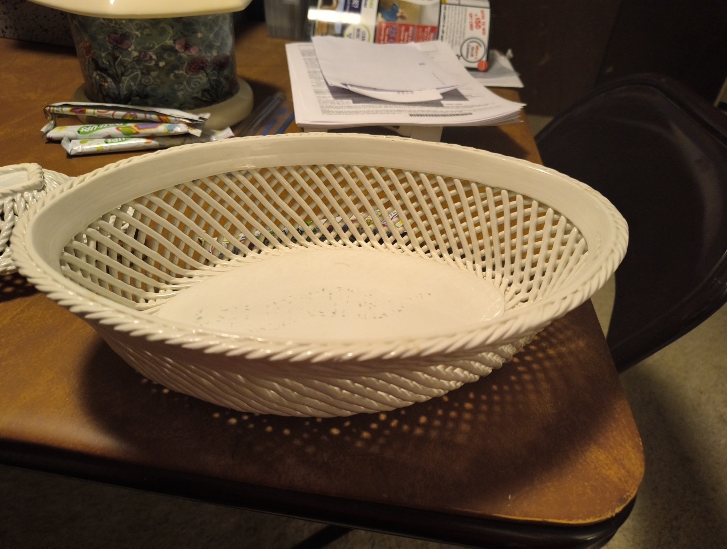 Vintage Asymmetrical Dish Ceramic Lattice Weave 1940s Hand Painted Spain