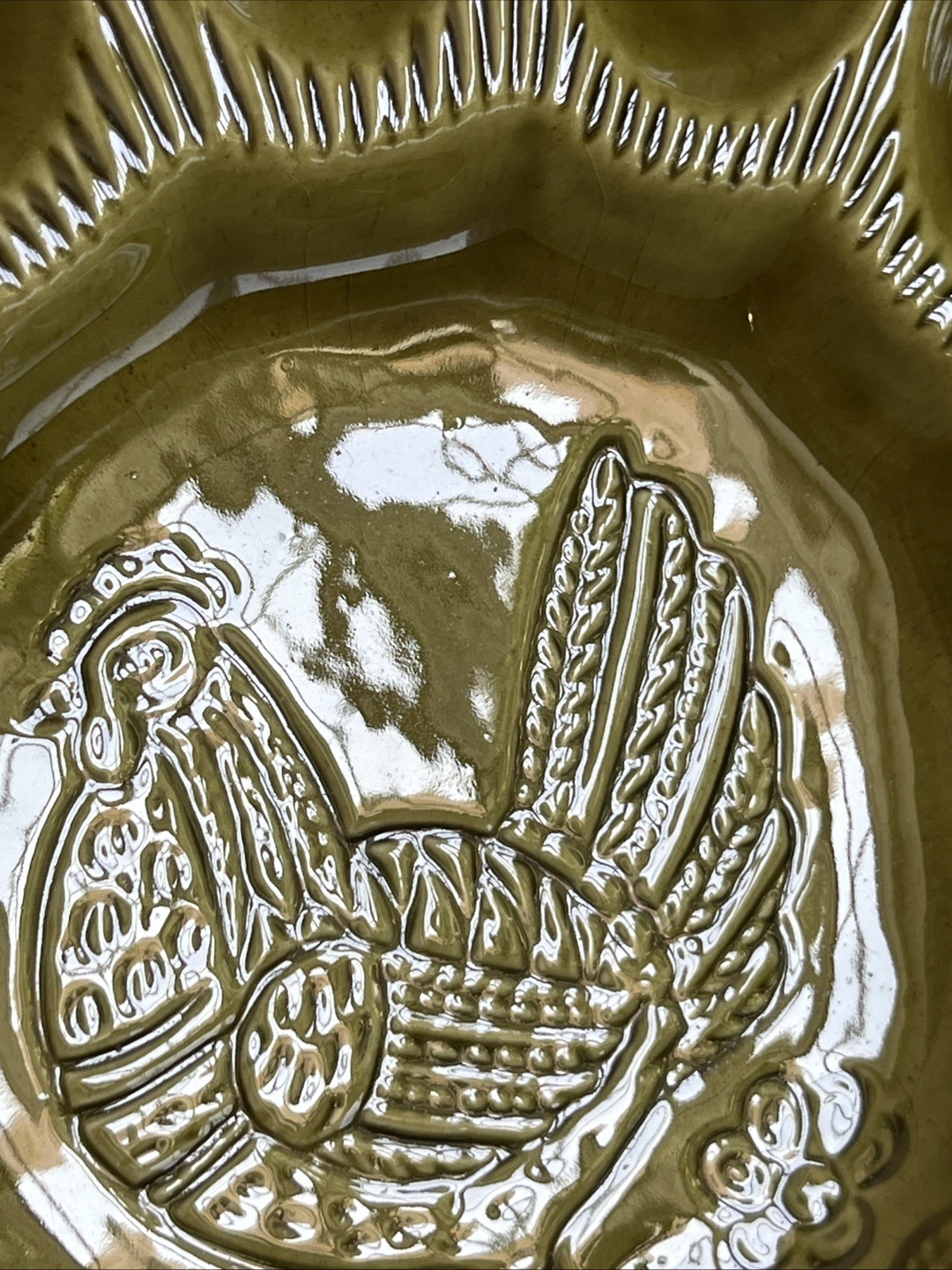 Vtg. California Pottery Deviled Egg Platter Olive Green Hen Chicken S29 USA