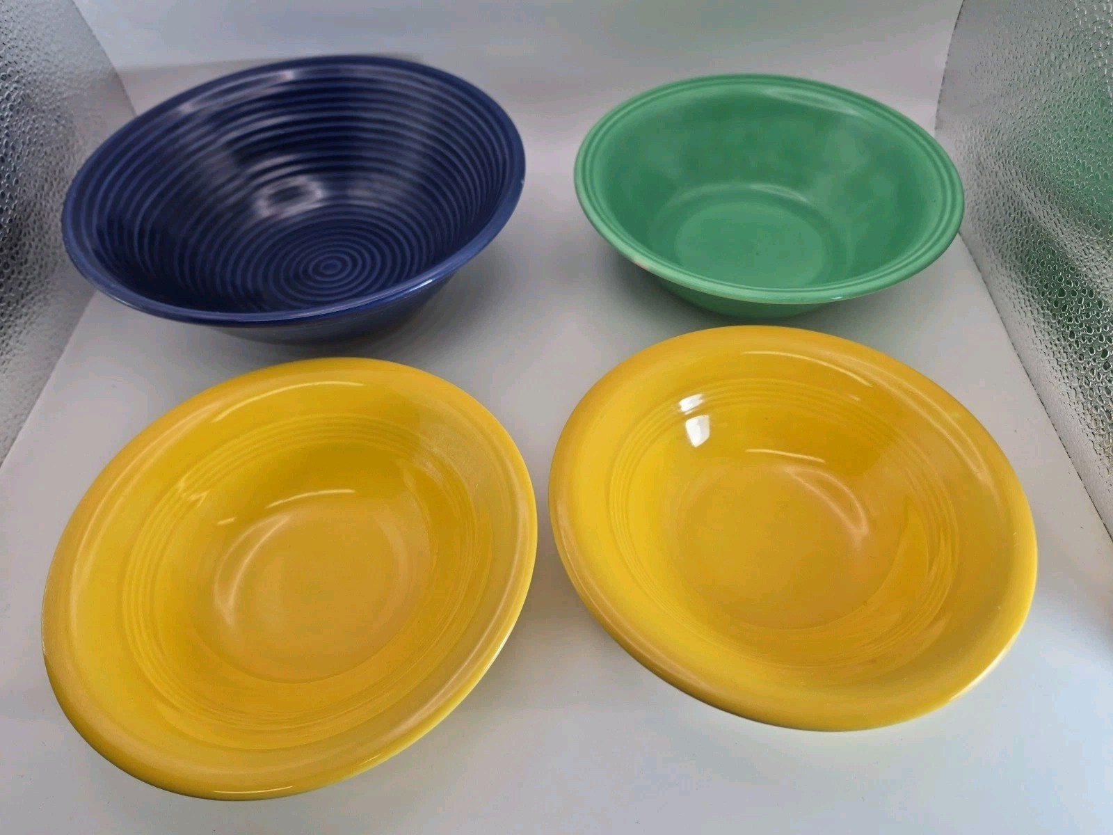 4 Vintage Ceramic Primary Stoneware Bowls Unmarked ~Cobalt Blue ~Green ~Yellow