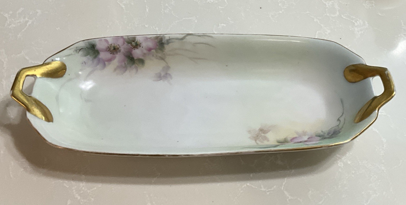 Signed Rosenthal Porcelain Rose Pattern Celery Dish w/ Handles