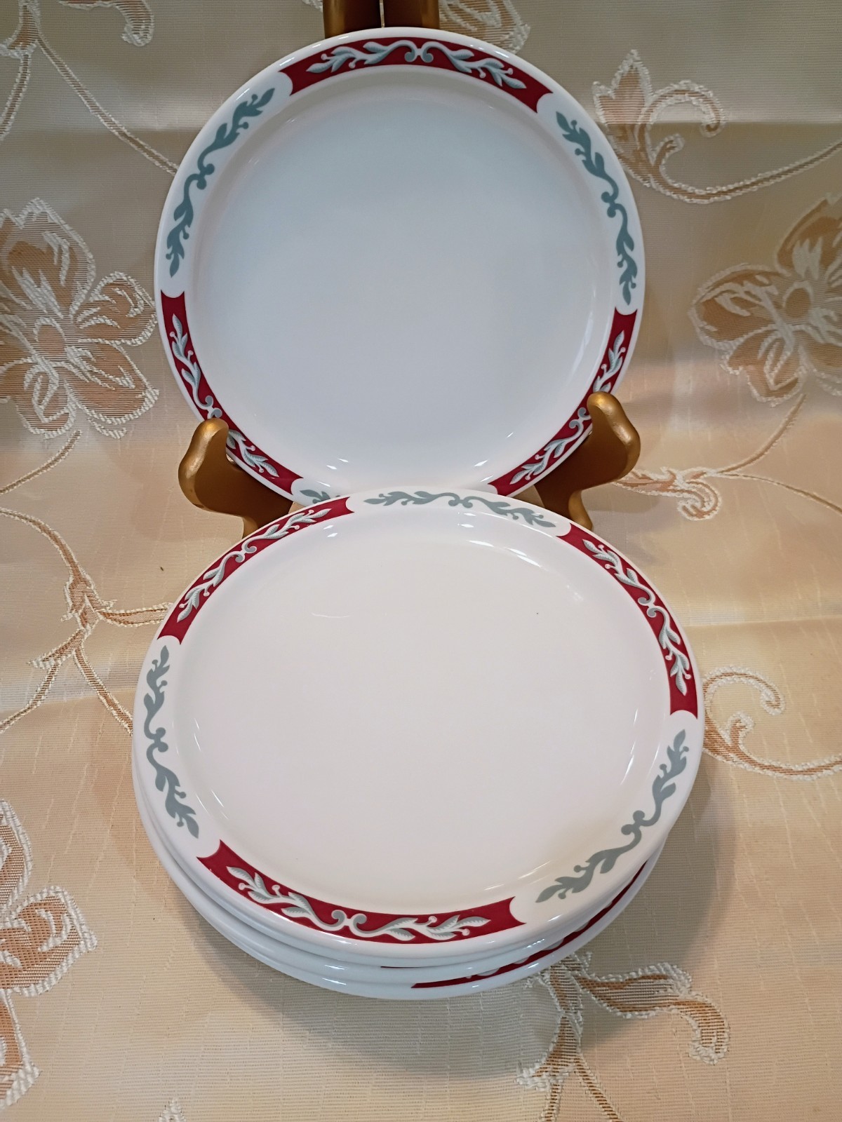 VTG Syracuse China Embassy Pattern White w/Red Border Dessert/Side Plates-Six PC