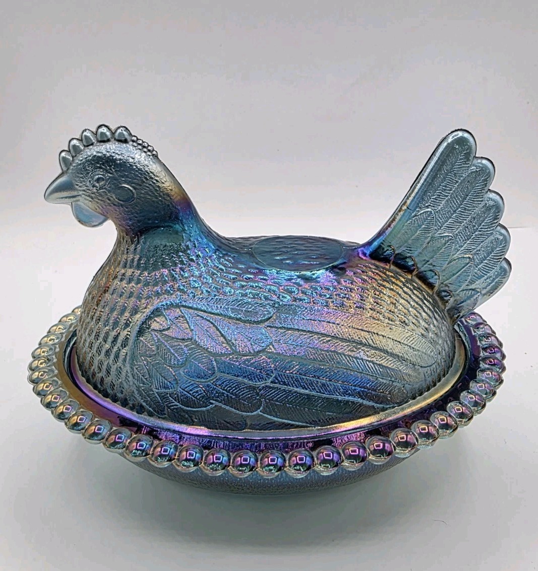 Vintage Indiana Blue Iridescent Carnival Glass Hen On Nest Covered Candy Dish 7″