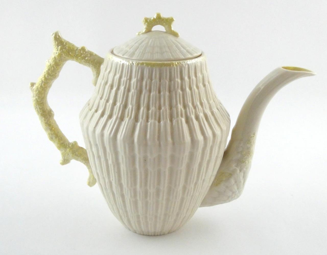 Belleek Limpet Yellow Coffee Pot with Lid Coral and Shell Design