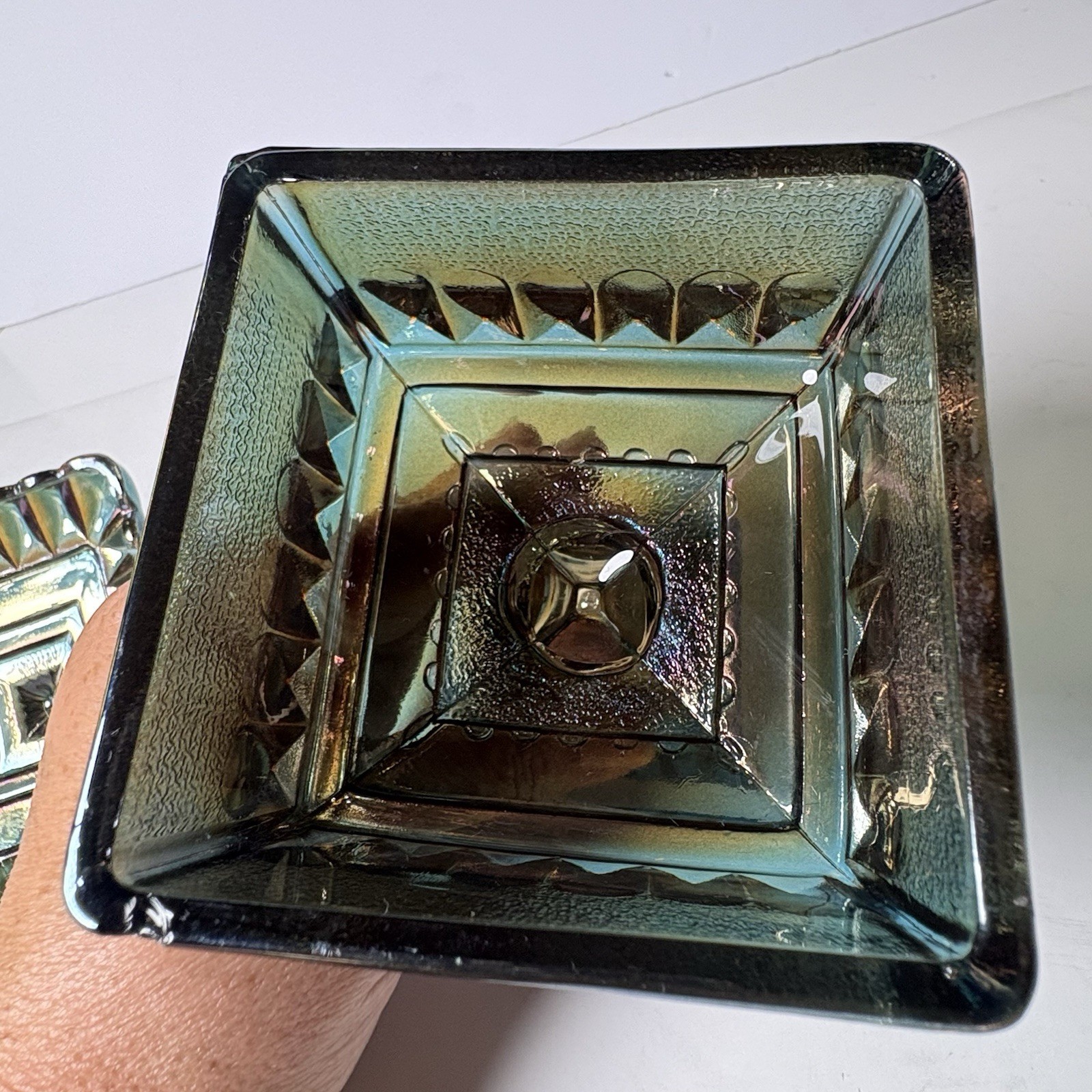 Vintage Jeannette Glass Wedding Cake Box Candy Dish Iridescent Blue Green 1960s