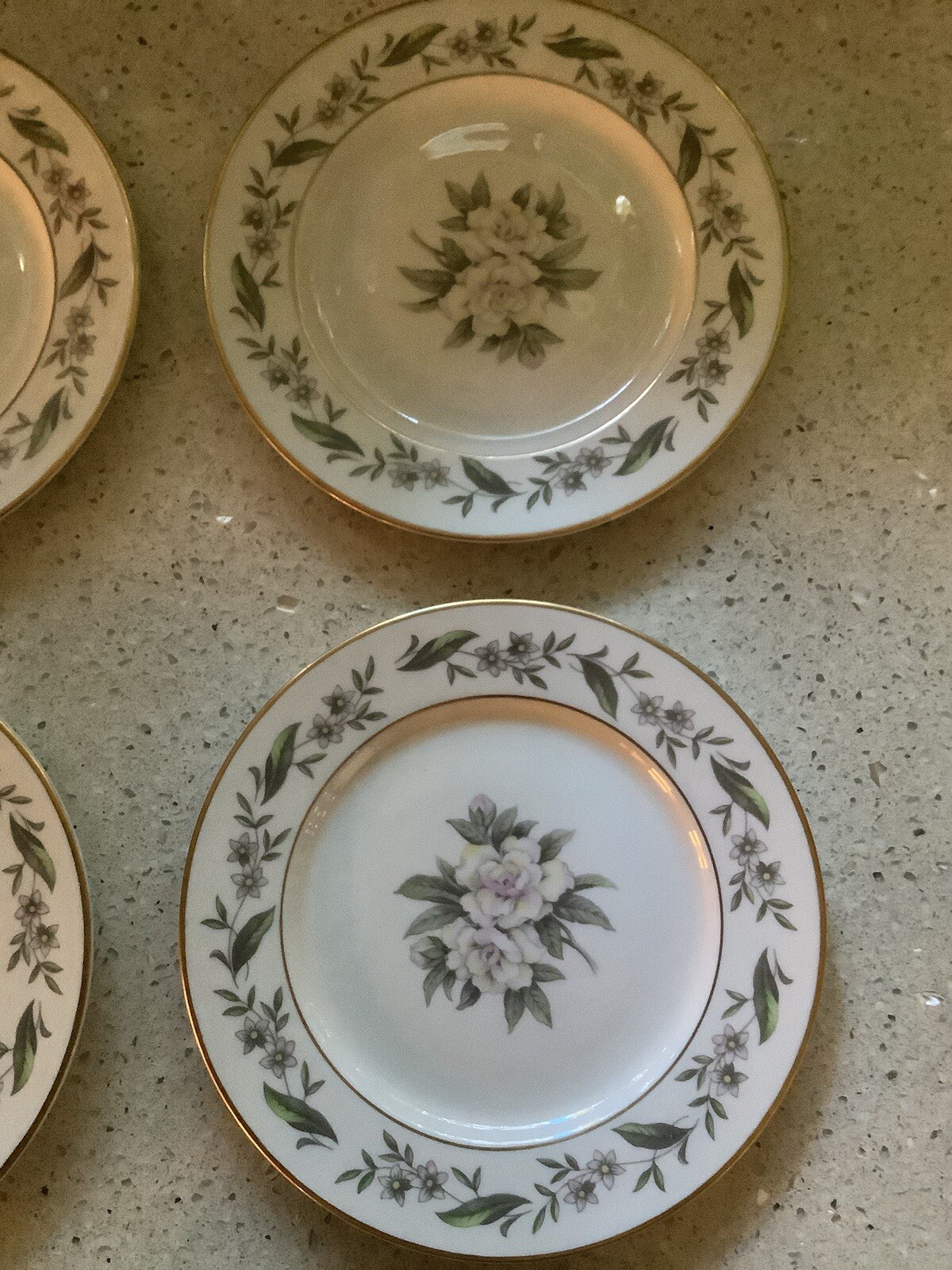 Set Of 5 Royal Jackson Fine China 6” GARDENIA”Bread/ Dessert Plates, Gold Trim